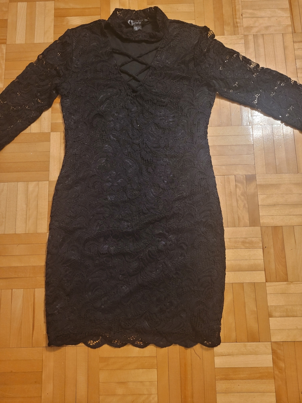 Streetwear Society Black Lace Long-Sleeve Bodycon Dress with Crisscross V